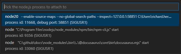 VS Code attach to node process window, listing the node20 process