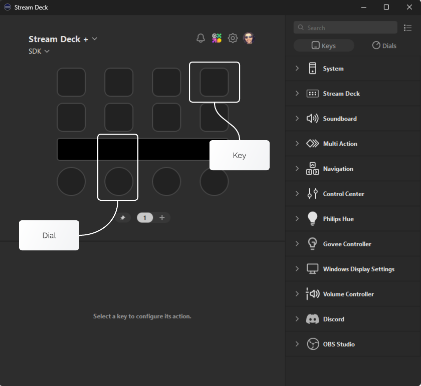 A screenshot of Stream Deck software displaying the canvas of a Stream Deck +, highlighting the top-right key, and a dial that is comprised of a dial and one quarter of the touchscreen