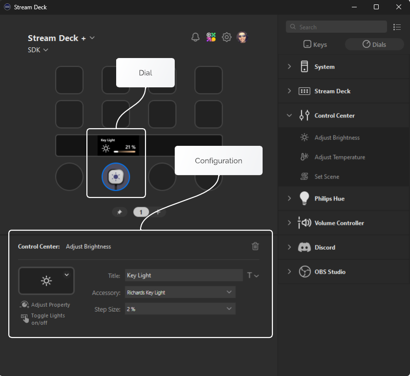 Screenshot of Stream Deck software highlighting an action slot