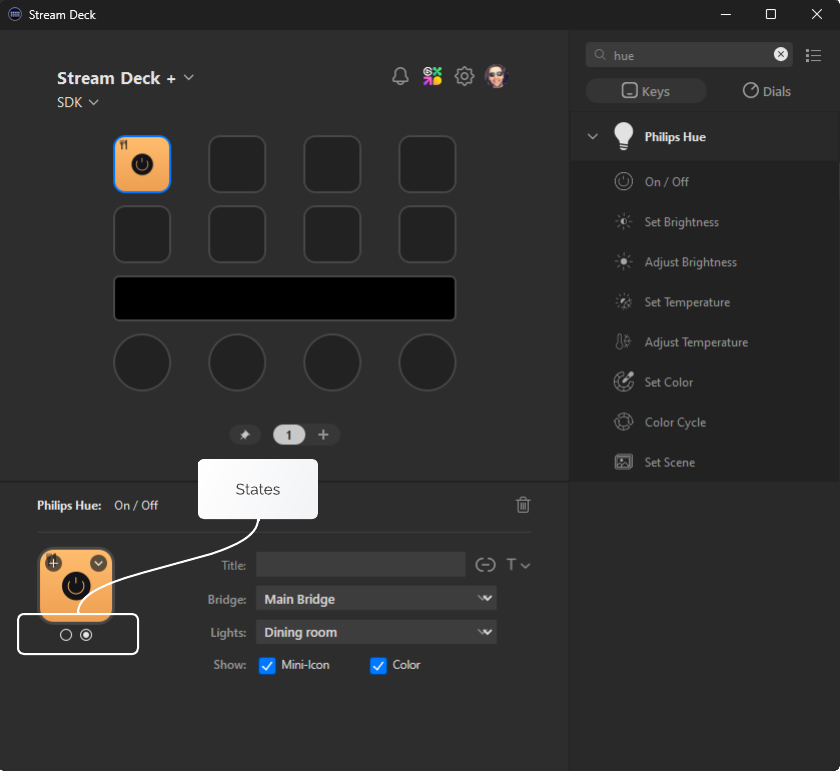 Screenshot of Stream Deck software highlighting an actions's states