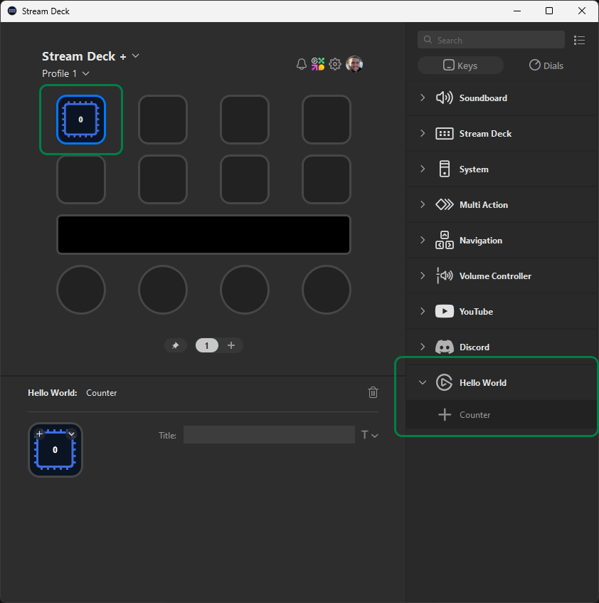 Screenshot of Stream Deck software with the newly created Stream Deck plugin installed